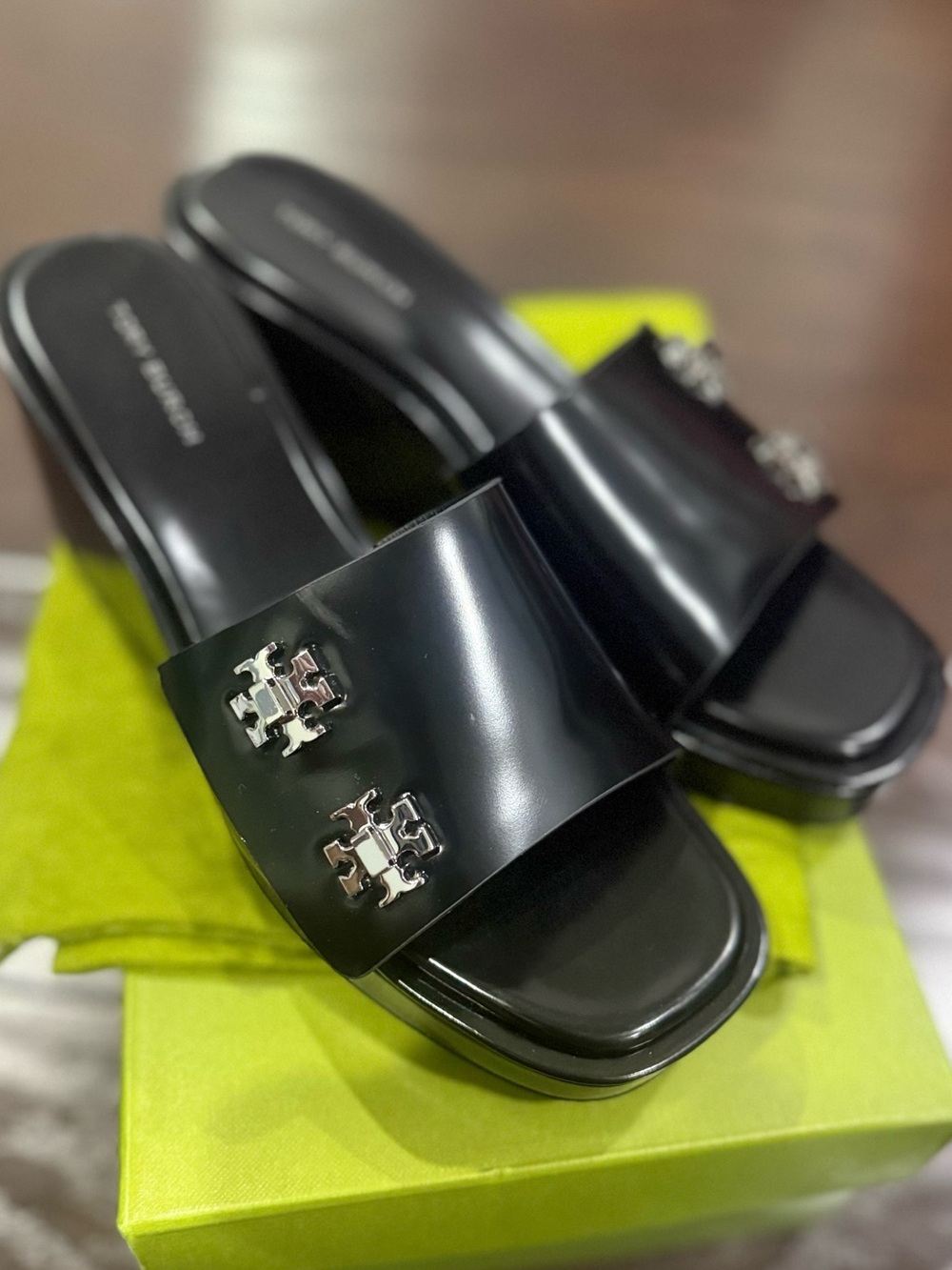 Tory Burch Black Patent Slide Sandals with Silver Logo